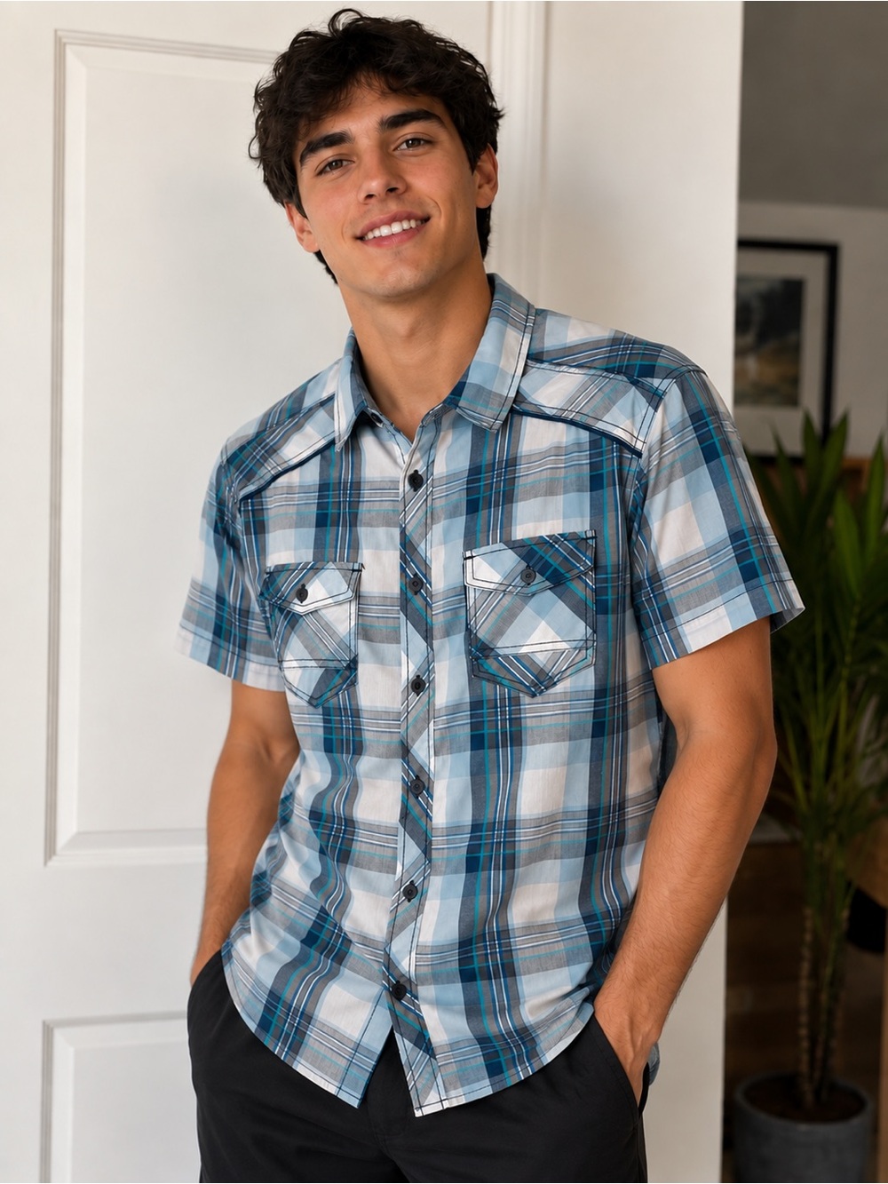 Helix Men’s Small Western Plaid Short Sleeve Button Up Shirt